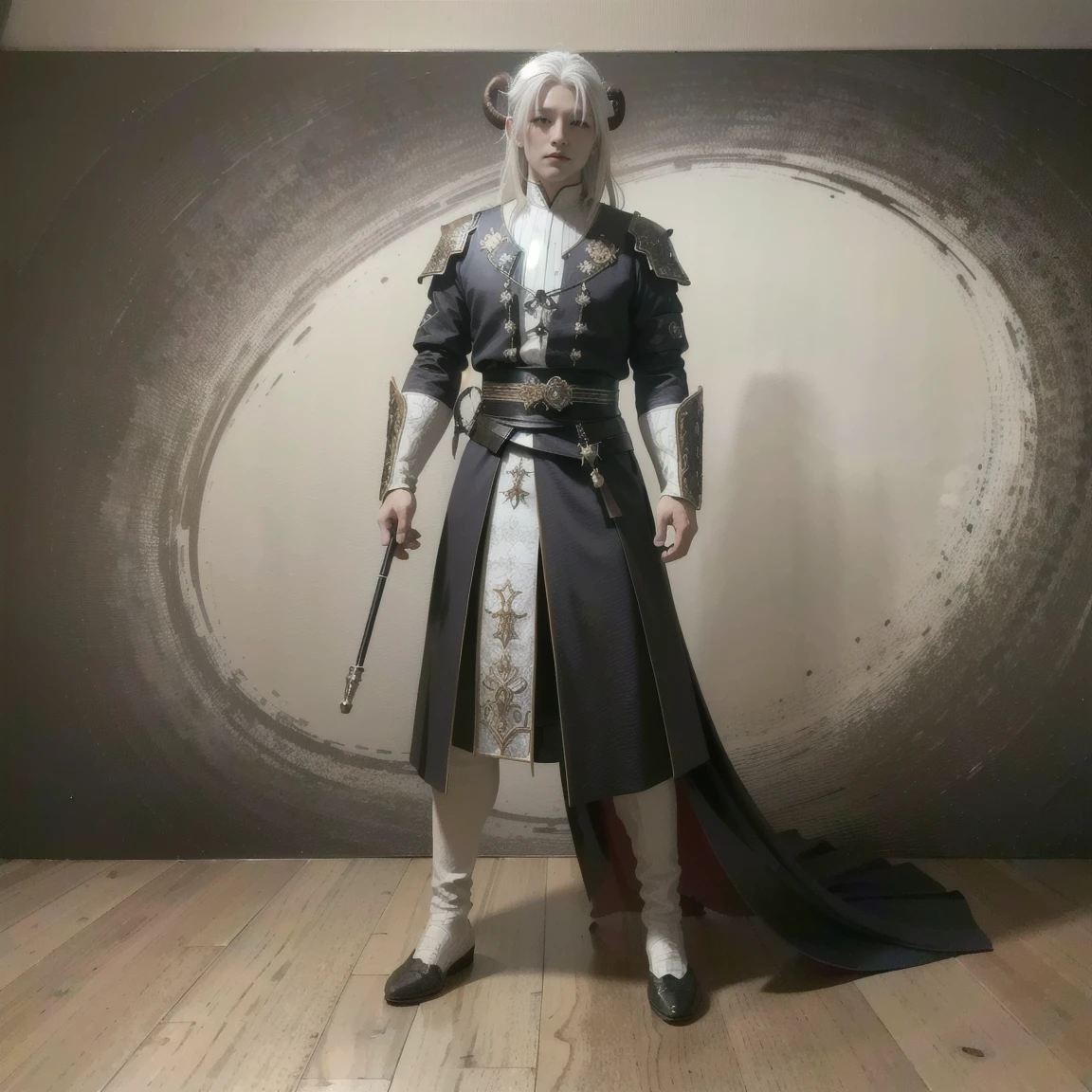 ((masterpiece, best quality, Highest image quality, high resolution, Reality, RAW photos, 8K)), ((Extremely detailed CG unified 8k wallpaper)), avatar,Sheep Horn,Front view,Medieval style,ID photo,((Cool man)),White hair