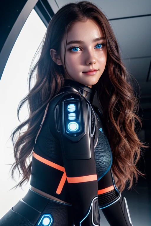 robo girl, beautiful big striking blue eyes, delicate black eyebrows, rosy cheeks, red lips, smiling face very white skin, long wavy orange hair cascading around her face and shoulders, detailed eyelashes, photorealistic cyberpunk style, perfectly focused, creamy smooth complexion, beautifully lit by soft diffused studio lights, extremely fine details, finely textured skin and hair full head to toe photo, wearing sport leggings, cyberpunk, 🤖