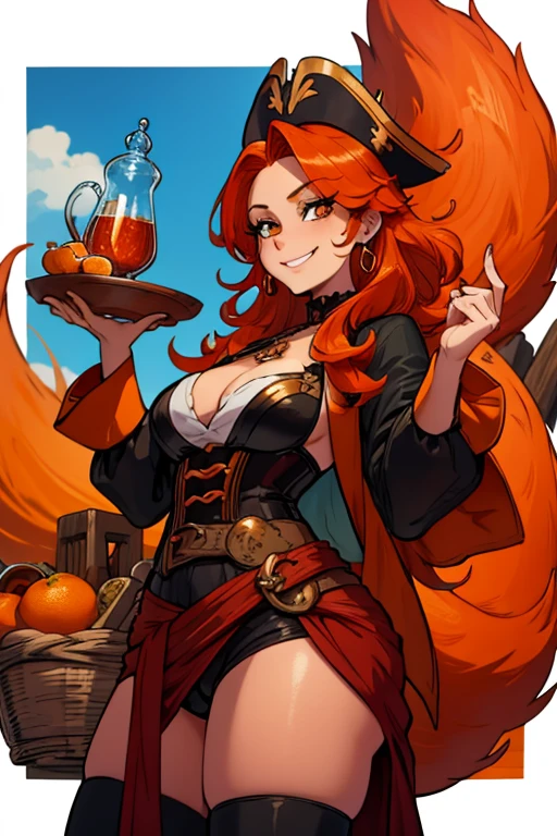 A orange haired fox woman with copper eyes and an hourglass figure and orange fox ears and an orange foxy tail in a pirate outfit is standing on a pile of treasure with a triumphant smile