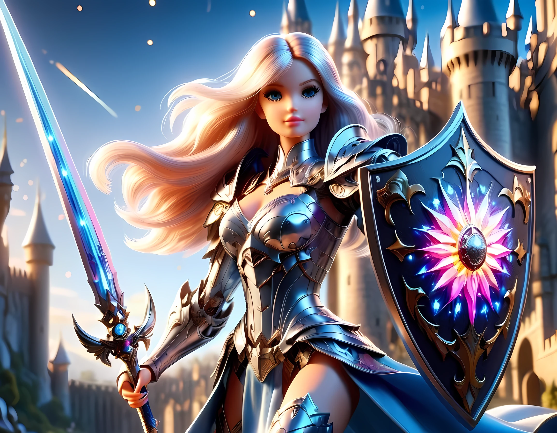 16k, ultra detailed, masterpiece, best quality, (extremely detailed), arafed, dnd art, panoramic view, full body, ((Barbie: 1.5)) knight standing on the all of the castle as the sun rises, she is holding sword and shield, you see only the silhouette of knight, intense eyes, ultra feminine, ultra detailed face, (Masterpiece, intense details:1.5), (anatomically correct: 1.5), determined face, sky are switching day and night, the sun is rising, suns, some stars, rays of dawn, fantasy castle background, Wide-Angle, Ultra-Wide Angle, 16k, highres, best quality, faize, Sword and shield, transparent robot