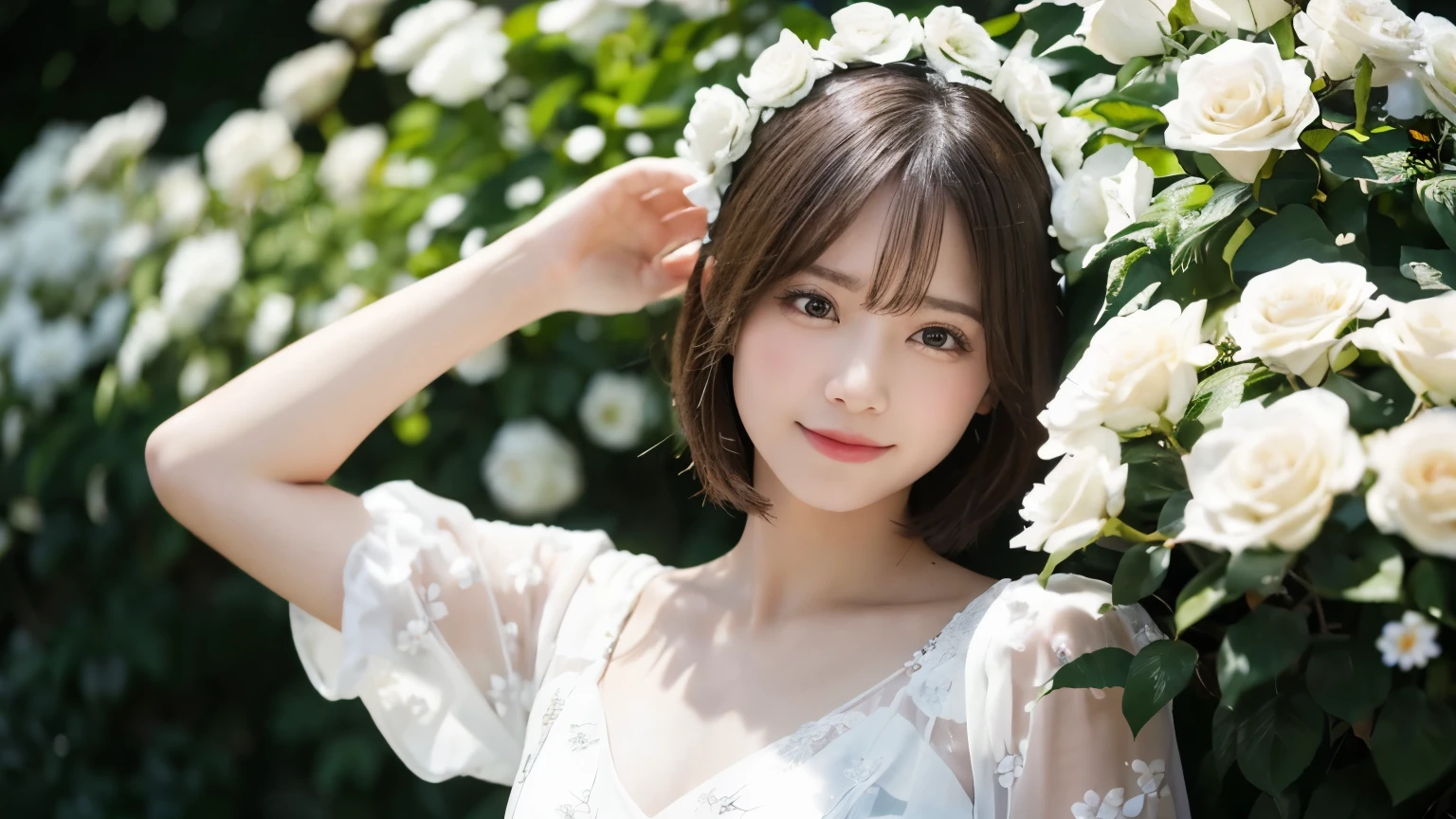 (highest quality,8K quality,masterpiece:1.3,),(超A high resolution,Photorealistic:1.4,Raw photo),(Ultra-detailed,Caustics,Perfect Anatomy),(Ultra-Realistic Capture,Beautiful and detailed skin),Large flowerbed with white roses、Katyusha with white flowers、27 years old,Black short bob,heavy,Looking into the camera,(Low angle),White floral dress、smile、Beauty、遠くからLooking into the camera、Standing in the back、Hands on head pose、