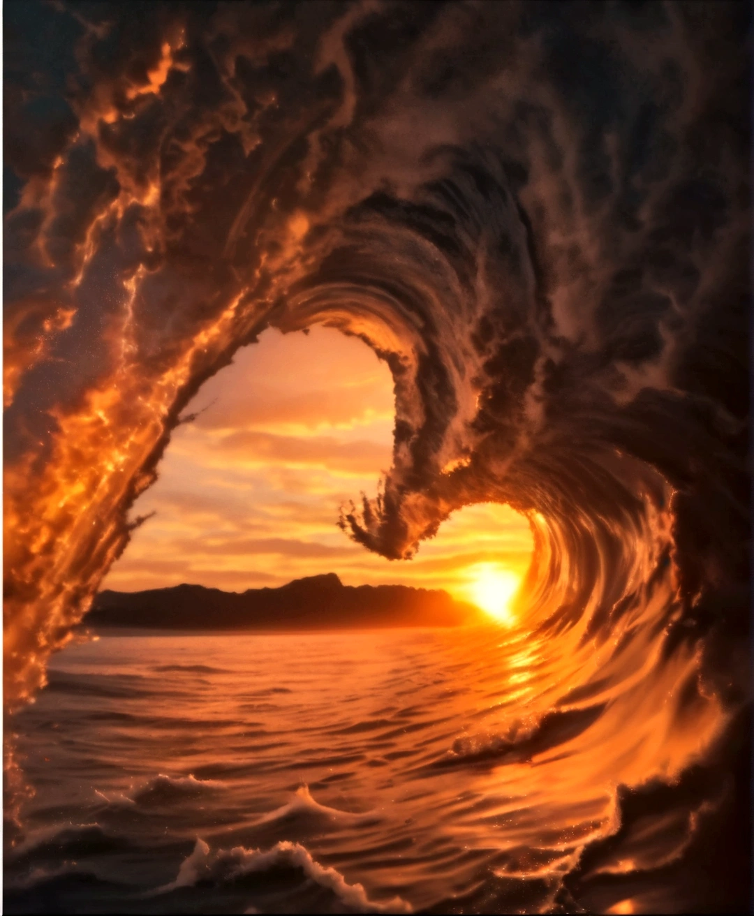 a close up of an aceno breaking into the ocean at sunset, breathtaking aceno, inside the curl of a aceno, tube aceno, stunning acenos, surf photography, aceno breaking, beautiful image ever created, impressive photo, beautiful acenos in sea, perspective curled up, wave, incredible perspective, waves of energy, incredible photography, incredible composition