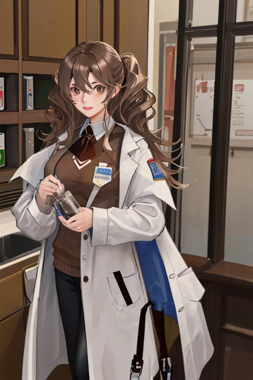 Italian girl, 25 years old, wavy brown hair, lab coat