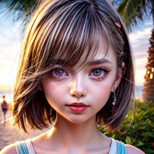 (Acutance:0.85), Masterpiece of 8K Ultra-detailed, Volumetric lighting, (BokeH RAW photorealistic:1.37), Tiny girl wearing tube-top dress、Tropical Beach、evening、Stroll along the beach、(Gazing at the sunset, colorful sky)、(Orange rays illuminating face, close-up:1.4), Gust of wind . (((Extremely detailed a face variation of NOGIZAKA girls))), perfect anatomy, Childish, captivating gaze, elaborate detailed Eyes with (sparkling highlights:1.3), long eyelashes、Glossy RED Lips with beautiful details, Coquettish tongue, Rosy cheeks, ((Radiant natural skin) with clear transparency) . { (Dynamic joyful expressions) | (:d) }, { (Light Particle;1.25) | God rays }, (no Large eyes, no tree).