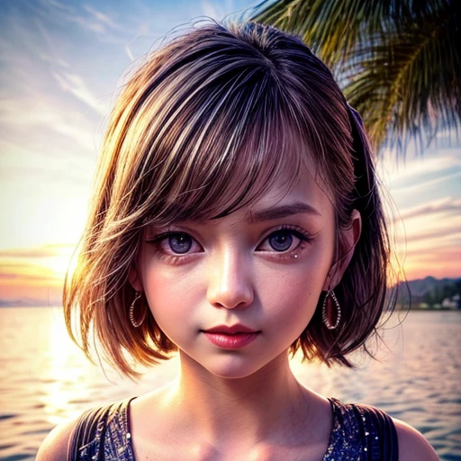 (Acutance:0.85), Masterpiece of 8K Ultra-detailed, Volumetric lighting, (BokeH RAW photorealistic:1.37), Tiny girl wearing tube-top dress、Tropical Beach、evening、Stroll along the beach、(Gazing at the sunset, colorful sky)、(Orange rays illuminating face, close-up:1.4), Gust of wind . (((Extremely detailed a face variation of NOGIZAKA girls))), perfect anatomy, Childish, captivating gaze, elaborate detailed Eyes with (sparkling highlights:1.3), long eyelashes、Glossy RED Lips with beautiful details, Coquettish tongue, Rosy cheeks, ((Radiant natural skin) with clear transparency) . { (Dynamic joyful expressions) | (:d) }, { (Light Particle;1.25) | God rays }, (no Large eyes, no tree).