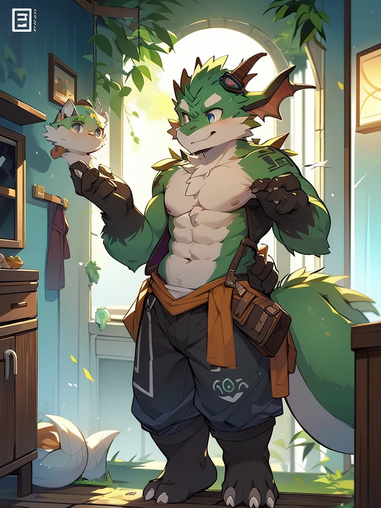 Dark Green Chinese Dragon Grandpa，Gray fur，Topless, mammal, hairy，Gray Eyes，upscale hotel，goggles，moon tattoo，elder，Chest muscles，Cover your crotch with your hands，Normal head-to-body ratio