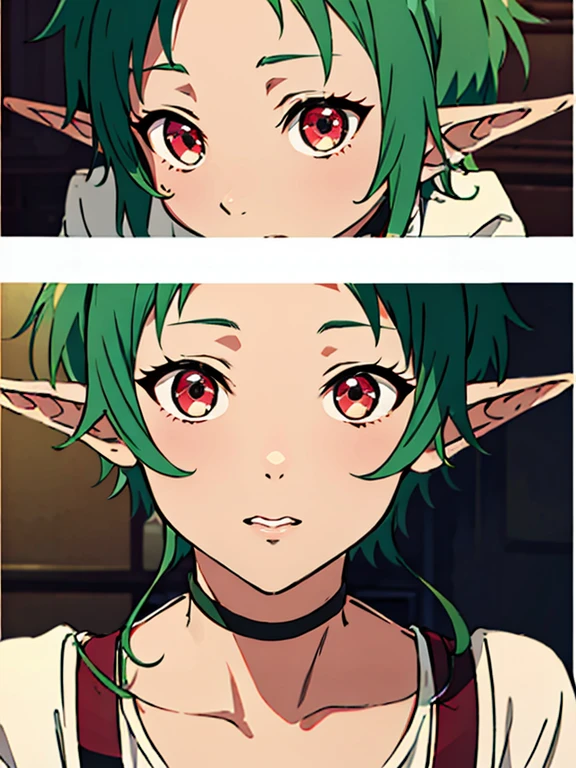 ((best quality)), ((masterpiece)), (detailed), perfect face. Asian girl. Green hair. Short hair. Elf. Maroon eyes.