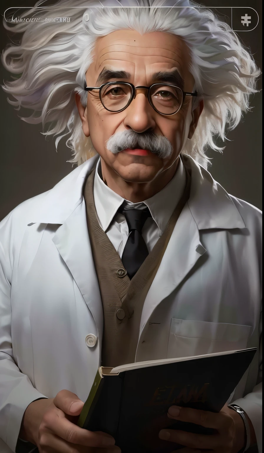 um close de uma pessoa com um jaleco segurando um livro, elite scientist, mad scientist, albert Einstein, vestindo jaleco and glasses, Einstein, por Ben Zoeller, Rick Sanchez na vida real, cientistas, portrait of Einstein, vestindo um jaleco, cientista louco trabalhando, vestindo jaleco, retrato VFX altamente detalhado, portrait of albert Einstein