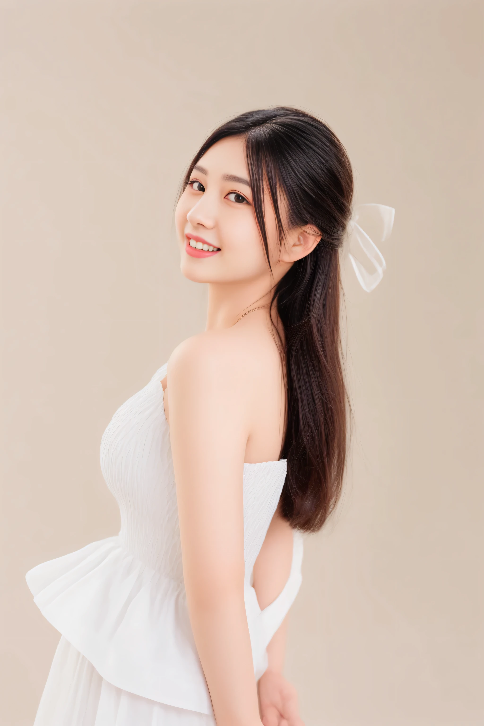 there is a woman in a white dress posing for a picture, beautiful young korean woman, asian girl with long hair, a young asian woman, gorgeous young korean woman, elegant smiling pose, close - up studio photo, beautiful south korean woman, a beautiful woman in white, in front of white back drop, white background : 3, young asian woman, beautiful young asian woman