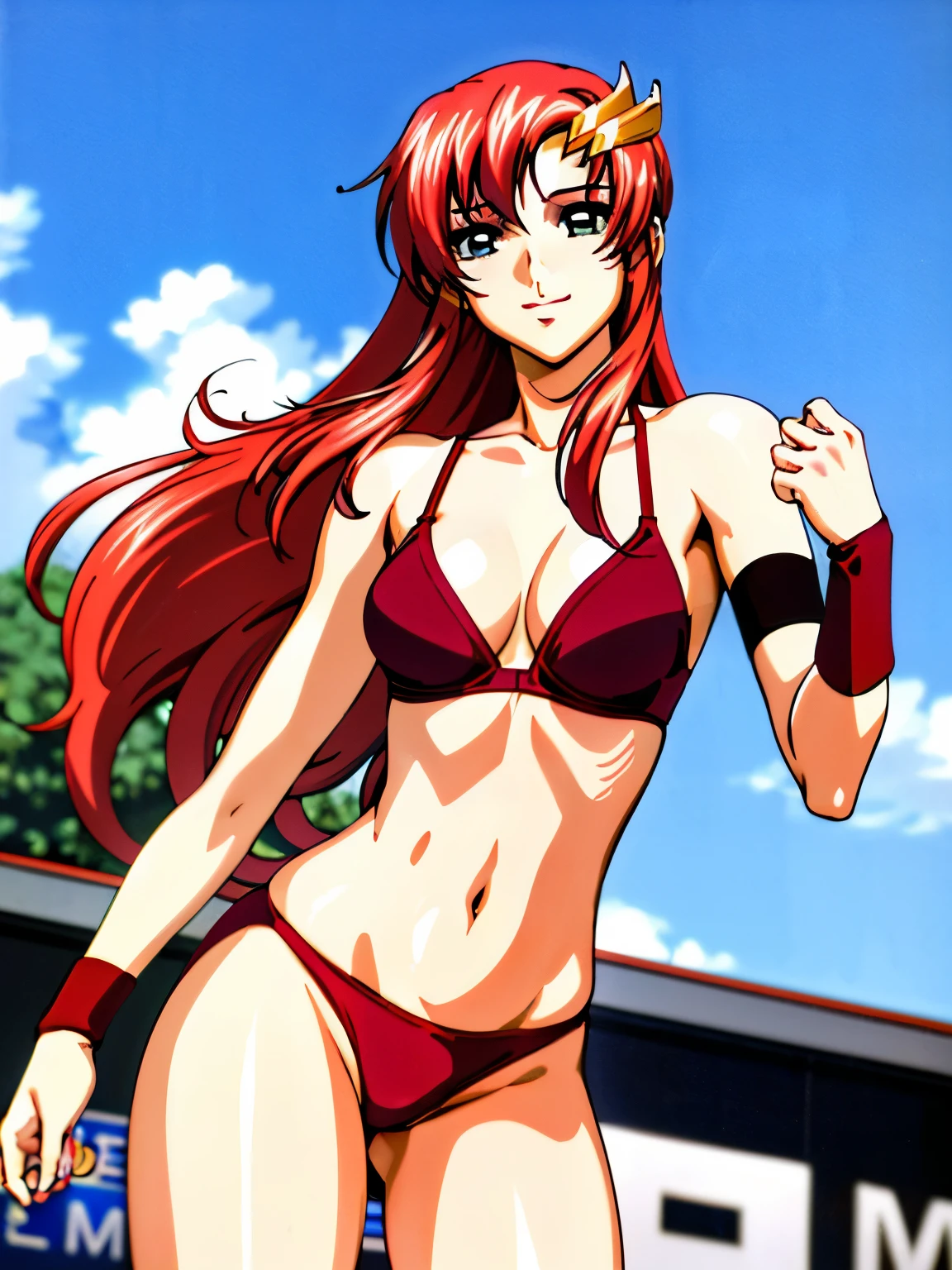 lacus4, (red bikini, running, thong, masterpiece, cowboy shot, very slim shoulders, 4K, Best Quality, Anime style: 1.9, happy, Adult Woman, ((ultra detailed face)), (Crowd, cloud background), Drawing lines, high resolution, lacus4), 1girl, Solo, curvy figure, clavicle, scapular, (Detailed wide hair bangs, Hair Ornament, Detailed reddish-pink hair, long hair, shiny streaks, no arms, detailed golden crest), cleavage, large hands, (hair cover shoulders). (Big blue eyes, shiny eyes), ((female wrestler, (slim body), no arms, thighs)), ((perfect proportions, medium-small breasts, medium thighs, long belly)), ((totally red bra, red arm band, red arm band, very detailed hair)), smile with a wink, (standing, hot colors), detailed fingers, (bare shoulders)
