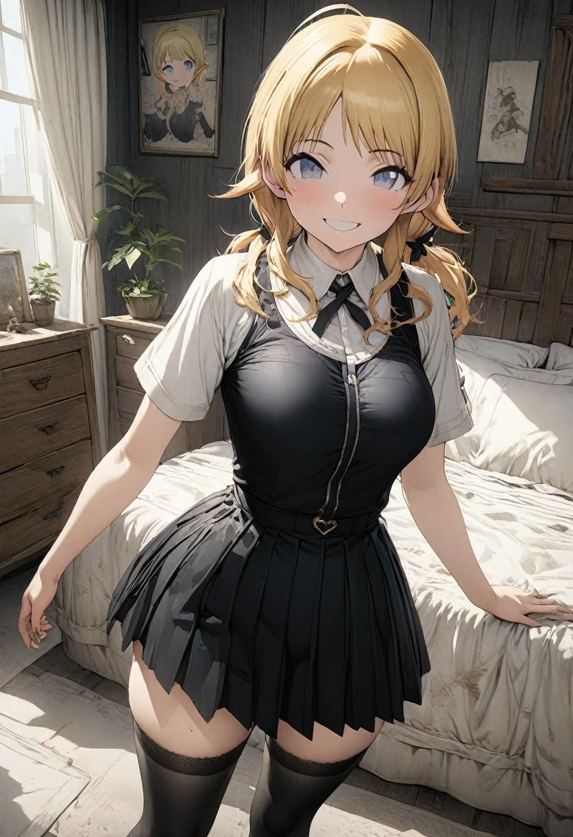 NSFW,(pale illustration,anime illustrations:1.2),(masterpiece, highest quality, so beautiful, Super detailed),textured skin, high details,8k,gleaming skin,pale outline

(hachimiya meguru, idolmaster:1.2),gold hair,

1 girl,(black Thighhighs:1.3),middle breasts,shorty,happy smile,
pleated dress,standing,
from front,white and clean bedroom