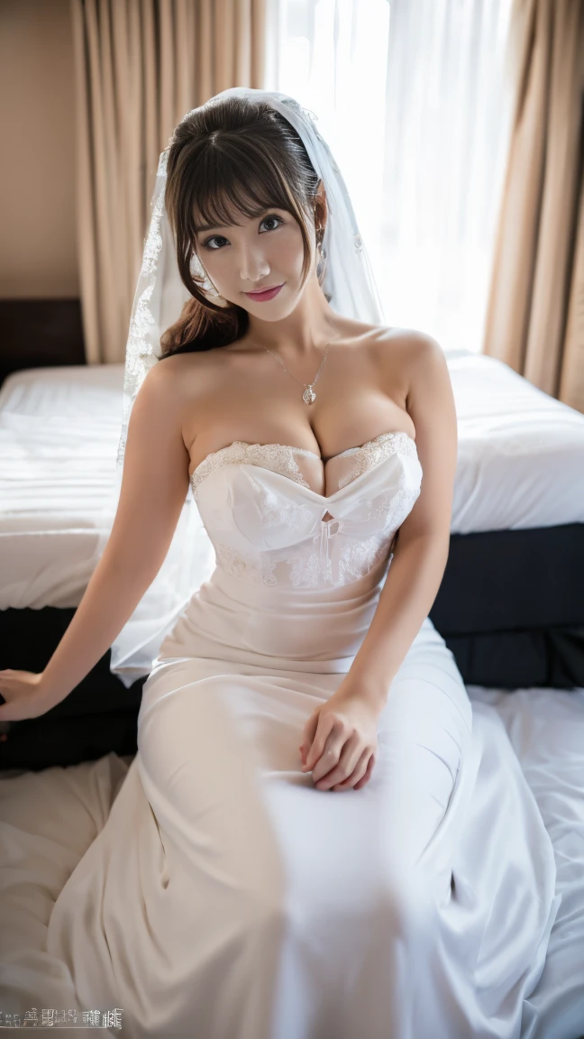 (highest quality,8K,1.1,超詳細なFull Body Shot),(Depth of subject 1.3),(Front body 1.5),Japanese,Beautiful woman,Black long hair,(((Cute face))),A beautiful white long-trace wedding dress that accentuates the cleavage and chest.,Wedding Veil,A large wedding bouquet placed to the side,(((Super busty beauty))),Cleavage,(((Gaze at the viewer))),(((Full Body Shot))),(((Sitting on a bed in a luxurious bedroom)))