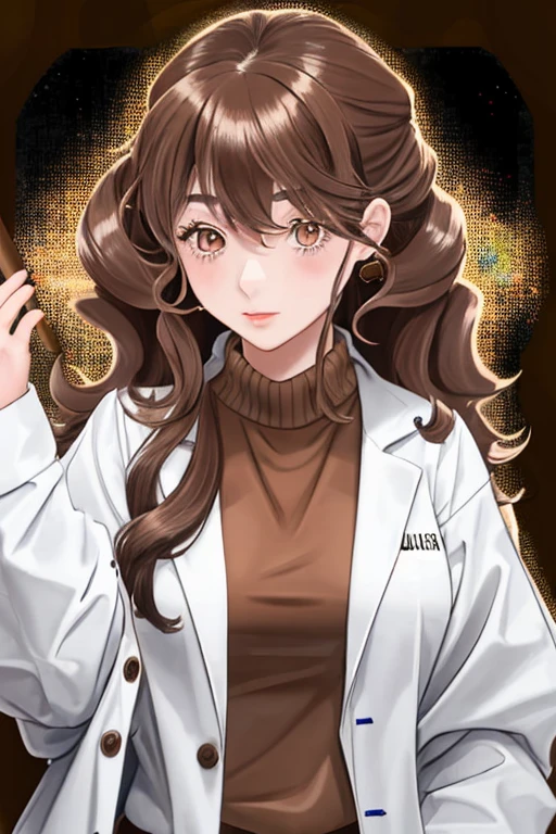 Italian girl, 25 years old, wavy brown hair, lab coat