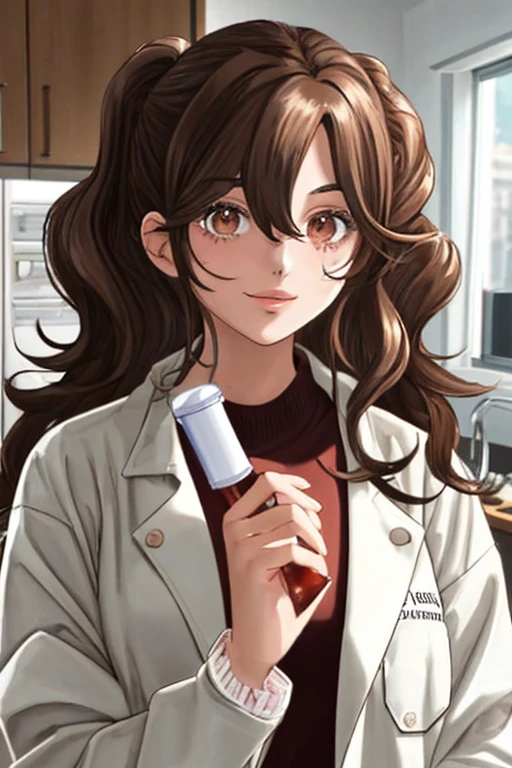 Italian girl, 25 years old, wavy brown hair, lab coat