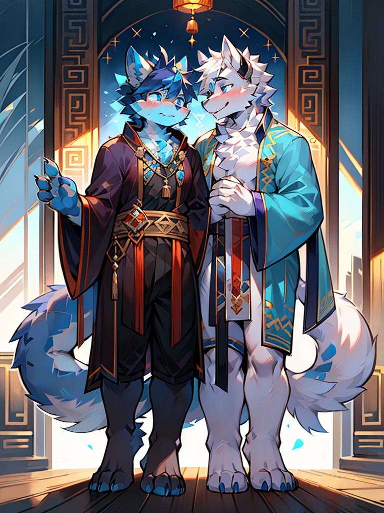 only,Hairy Male,Hairy chest,prairie wolf,canine,Blue and white fur,Long white hair,The ends of the hair are purple,Bright blue eyes,Being bullied,charming,Handsome,Big Tail,Full body male love,High Priest,Wearing a robe