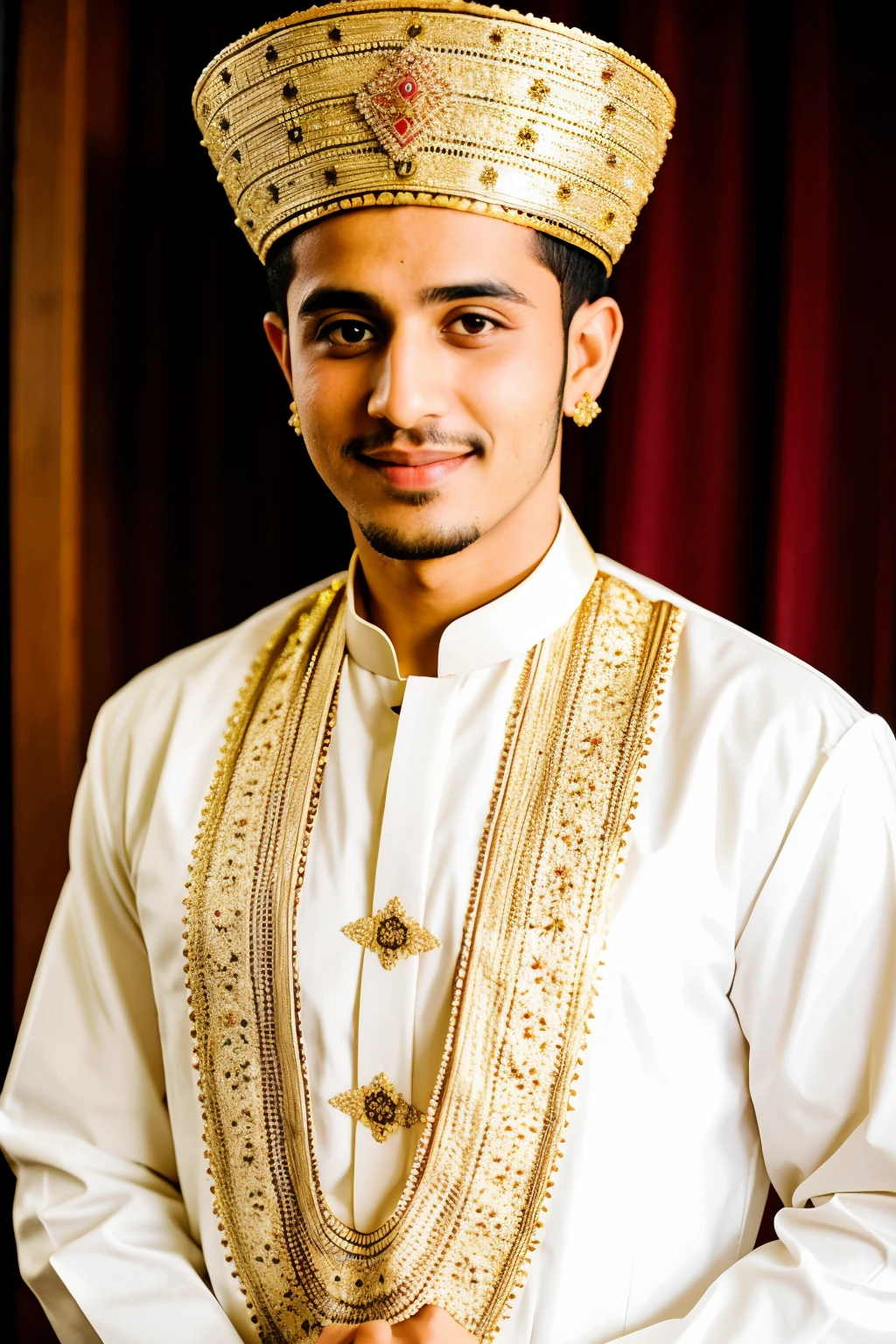 A Yemeni groom wearing a traditional Sanaani outfit and wearing a jambiya