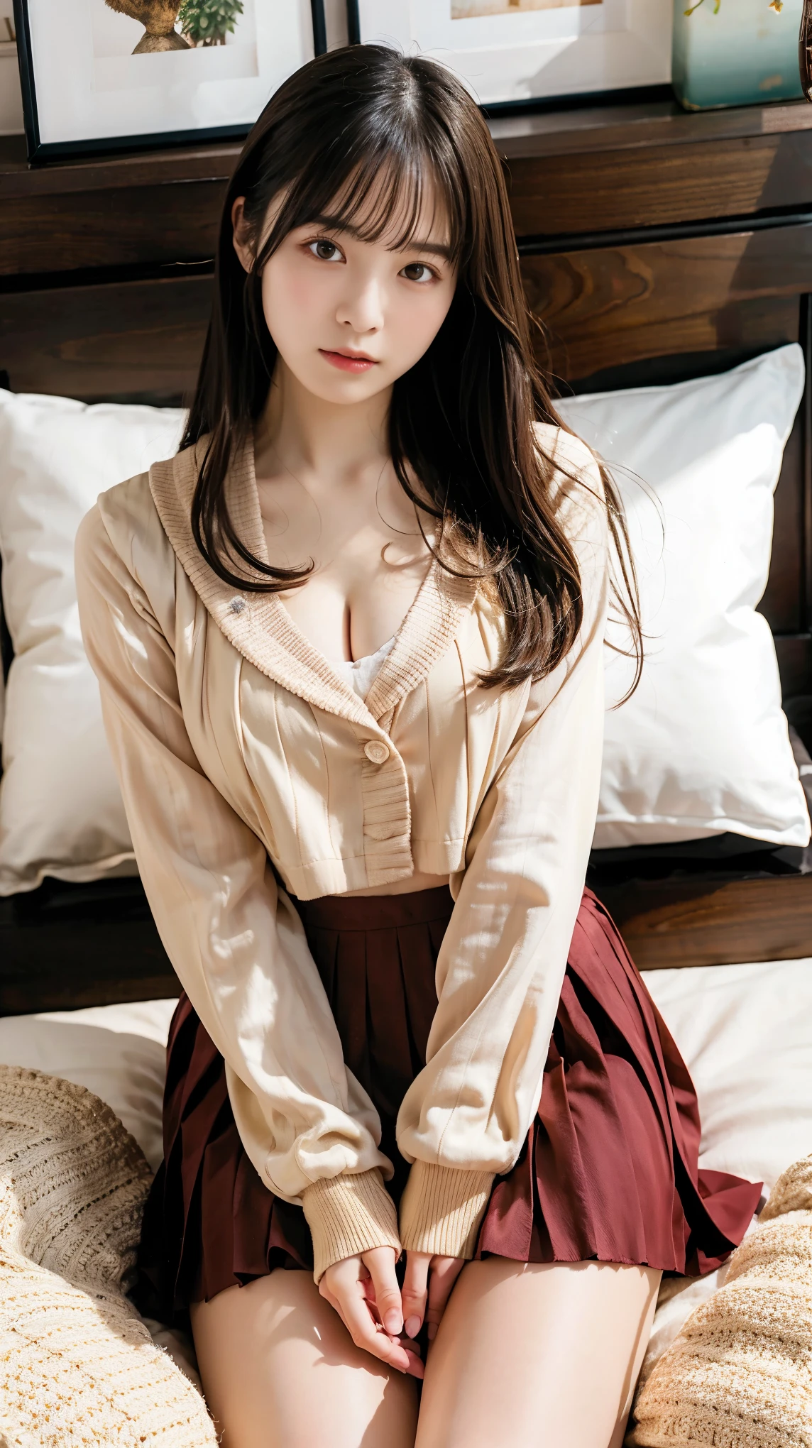 (1 girl), Very detailed girl, alone, ((Very detailed face)), Very detailed CG 統合 8k 壁紙, Very detailed, RAW color photos, Professional photography, Realistic, (Slender body, Cleavage:0.8), (Japanese with open chest:1.6, blouse:1.5, See through:0.5), (View Viewer, Embarrassing:1.6, Embarrassed look:1.45, Sleepy eyes:1.2, Shy, Upturned eyes, Panicked), (Pleated skirt, Japanese Blessings, Bedroom, From above:1.1, Sleeping on your back, Put your head on the pillow, Spread your legs, Camel Toe, whole body)