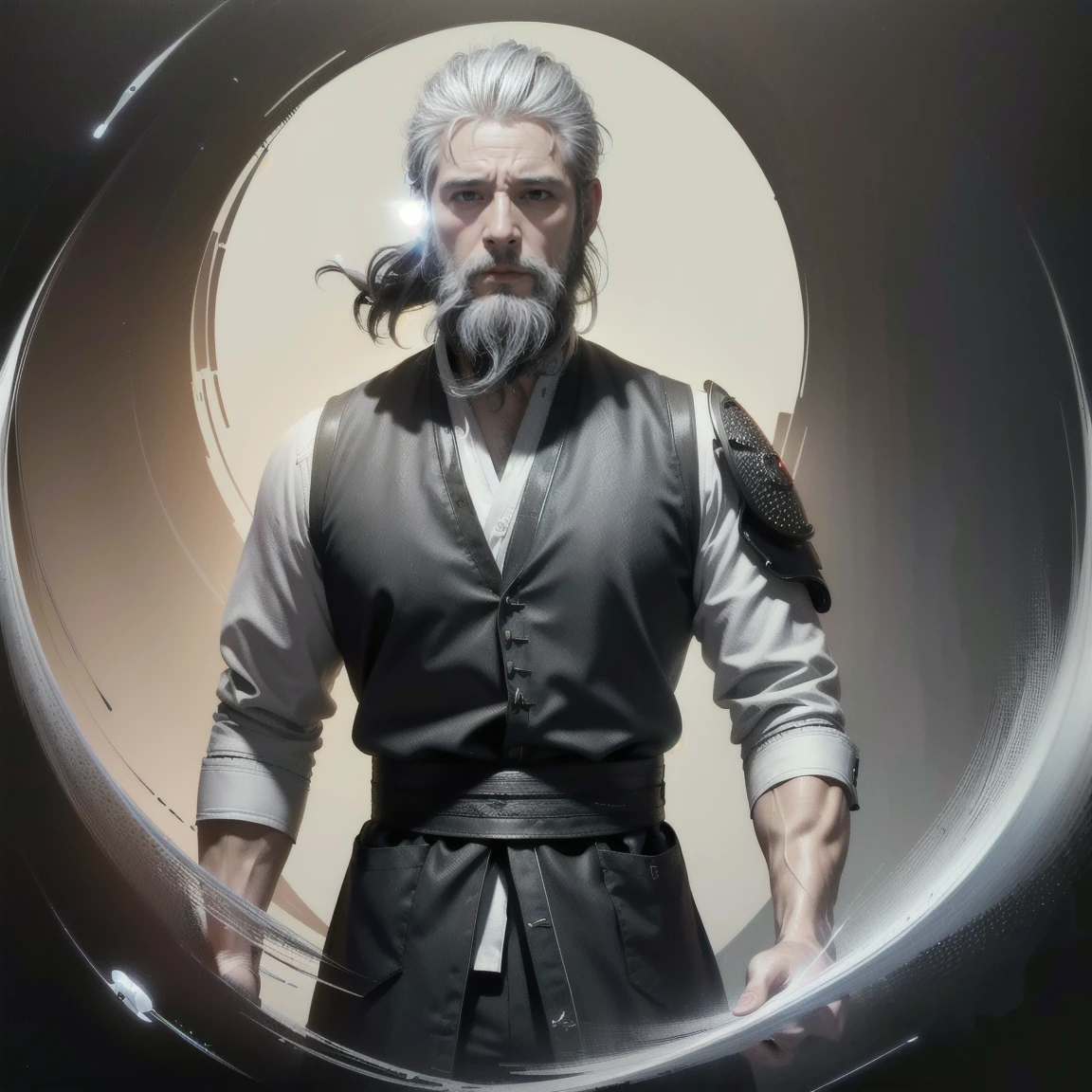 ((masterpiece, best quality, Highest image quality, high resolution, Reality, RAW photos, 8K)), ((Extremely detailed CG unified 8k wallpaper)), avatar,Front view,Medieval style,ID photo,((Cool man)),White hair,((Middle-aged greasy man)),((Beard scum))