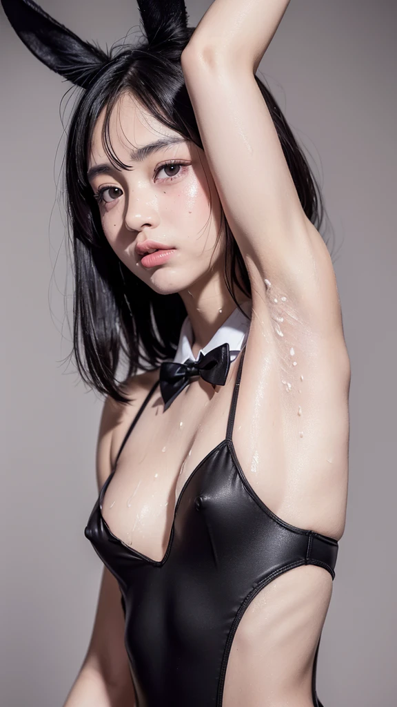 rabbit ears, black rabbit ears, fake rabbit ears, pantyhose, black pantyhose,bowtie, wrist cuffs, black leotard, (8k, RAW photo, best quality, masterpiece:1.2), (realistic, photo-realistic:1.4), (extremely detailed 8k wallpaper), Photo of a beautiful Japanese idol woman., (((Very small breasts))), ((Baby Face)),y armpits))), Armpit depression, ((((Dimpled Armpits)))), ((((Deeply wrinkled armpits))))