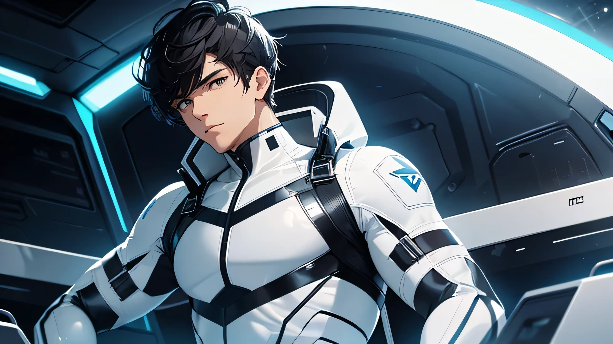Handsome man, 28 years old Fearless Warrior Short cut black hair The bangs are short too A tight rubber suit in transparent white with a touch of blue Very tight, white, see-through rubber suit Mega Bulge universe future transparent latex suit SF Sit in the cockpit universe whole body