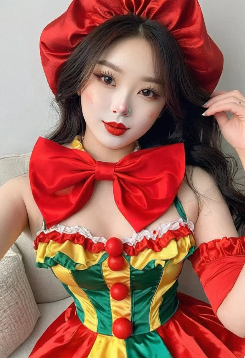 (((high quality:1.2))), Work of art, (8k), extremely detailed, ((High detail:1.2)) ((best resolution)), (Hotlexi woman), Solo, 24 year old Korean Ulzzang female, ((sexy clown outfit)),