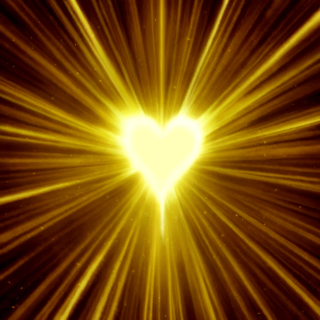 a heart-shaped light shines brightly in the dark, bright golden aura, yellow radiant magic, radiating golden light, golden ethereal light, magical heart, Light - Heart, yellow light spell, holy holy rays of light, heart effects, holy rays of spiritual light, yellow background beam, exploding with holy light, bright holy aura, emanating and flowing energy, spiritual light