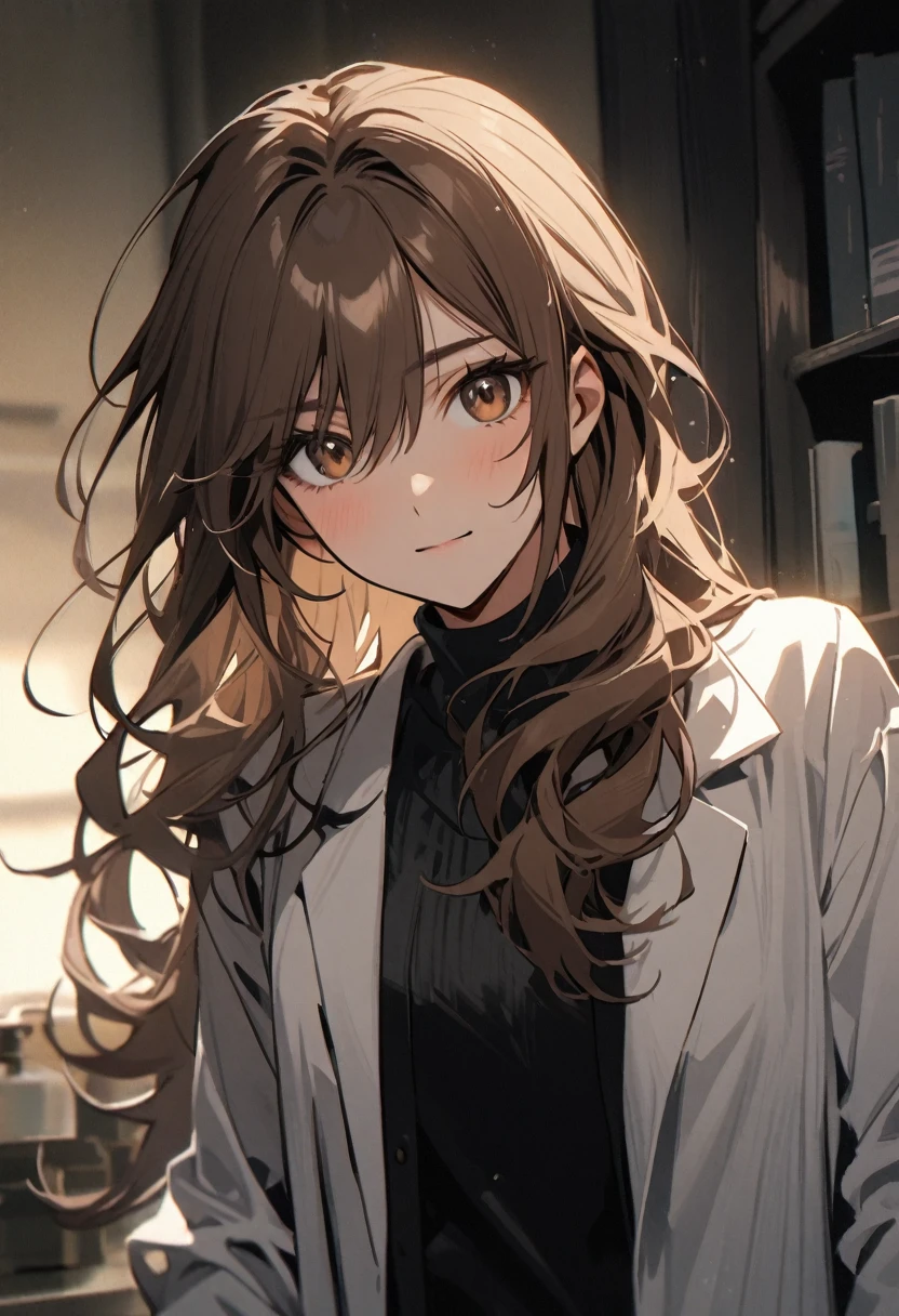 Italian girl, 25 years old, wavy brown hair, lab coat