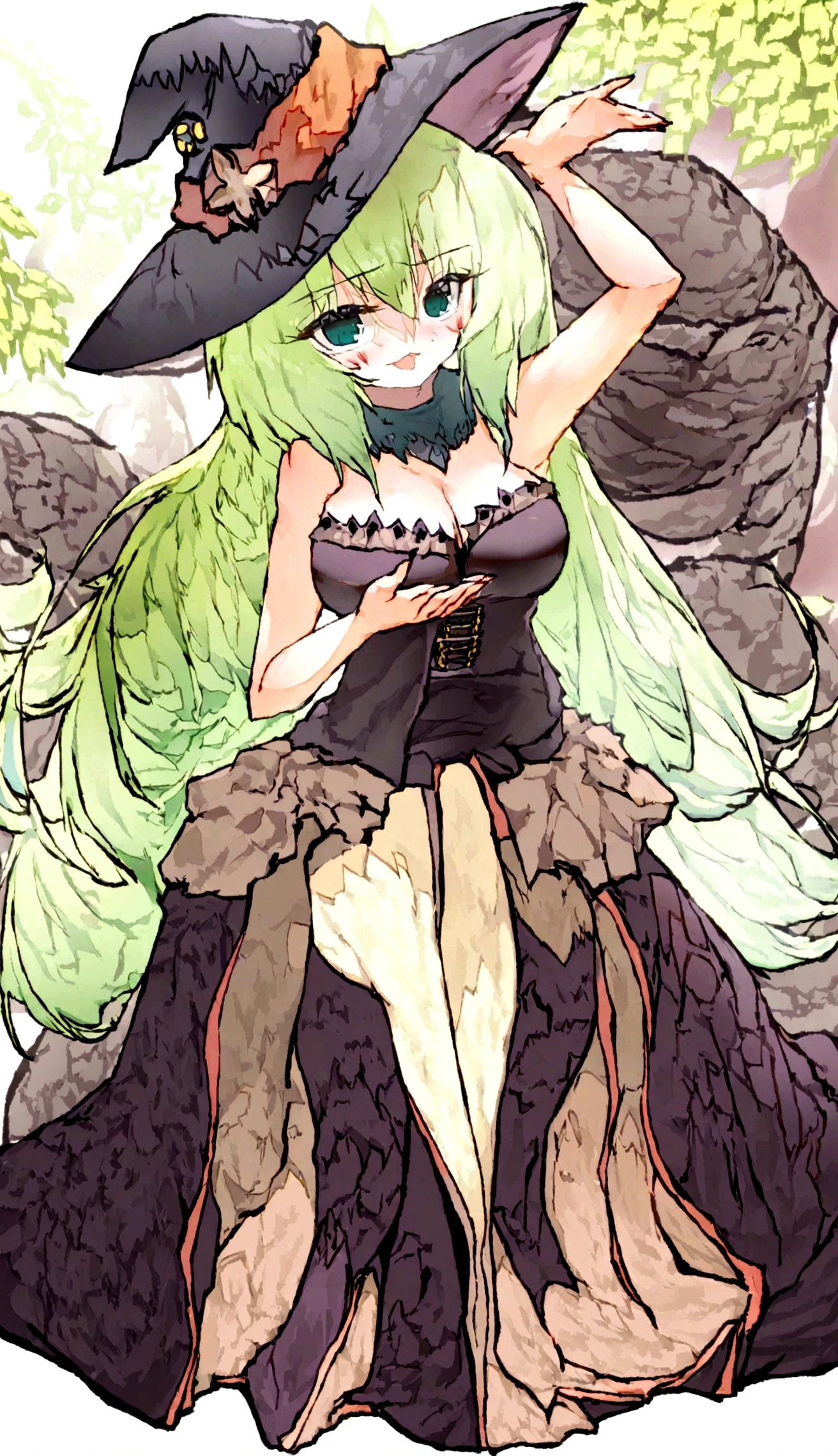 anime girl in a witch costume with a black hat and green hair, /!\ the sorceress, from touhou, fine details. anime. tentacles, beautiful ancient frost witch, a beautiful sorceress, beautiful sorceress, flirty anime witch casting magic, ”beautiful anime woman, beautiful necromancer girl, pretty sorceress