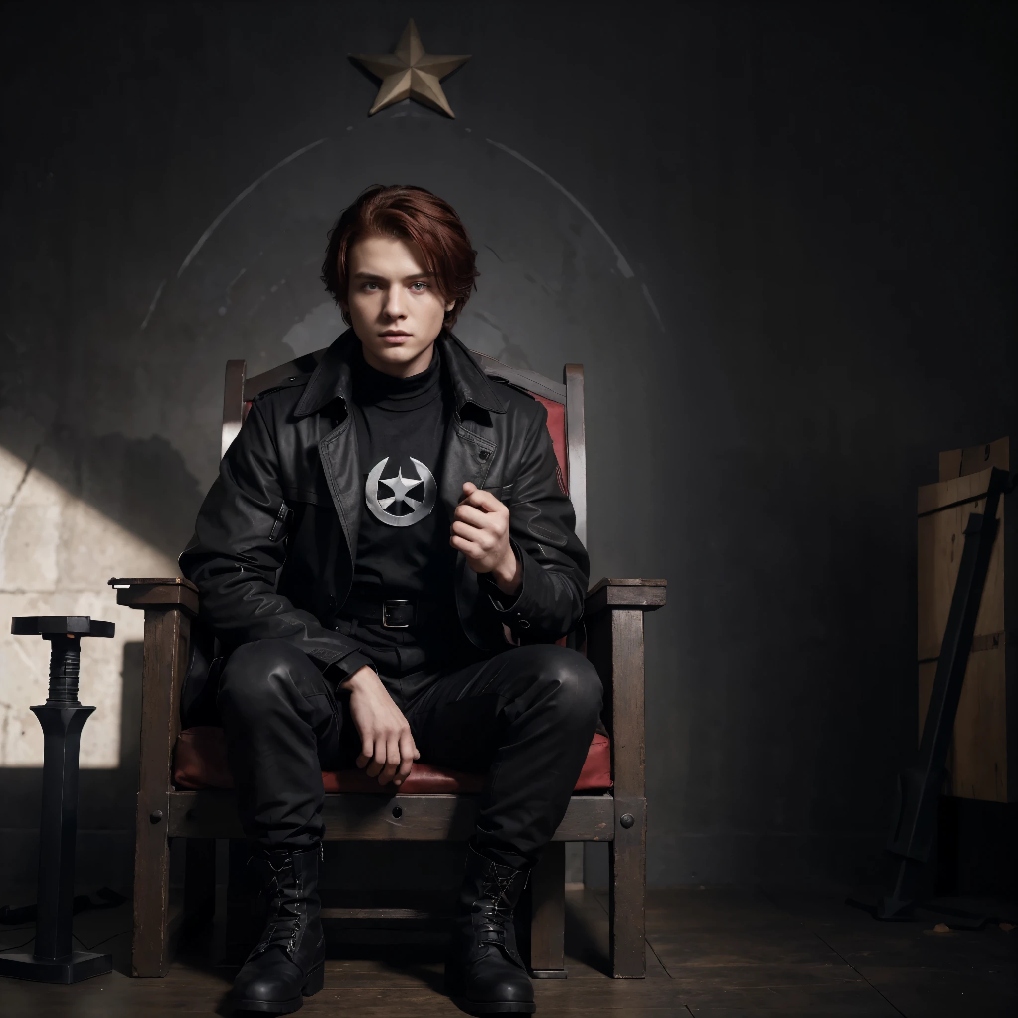 boy with dark red hair, eyes with black pupils, dressed in a black trench coat with red details and a white t-shirt with a four-pointed star printed on it, black pants and military boots, he is sitting on a black iron throne made of Swords with a fallen Kingdom in the background.