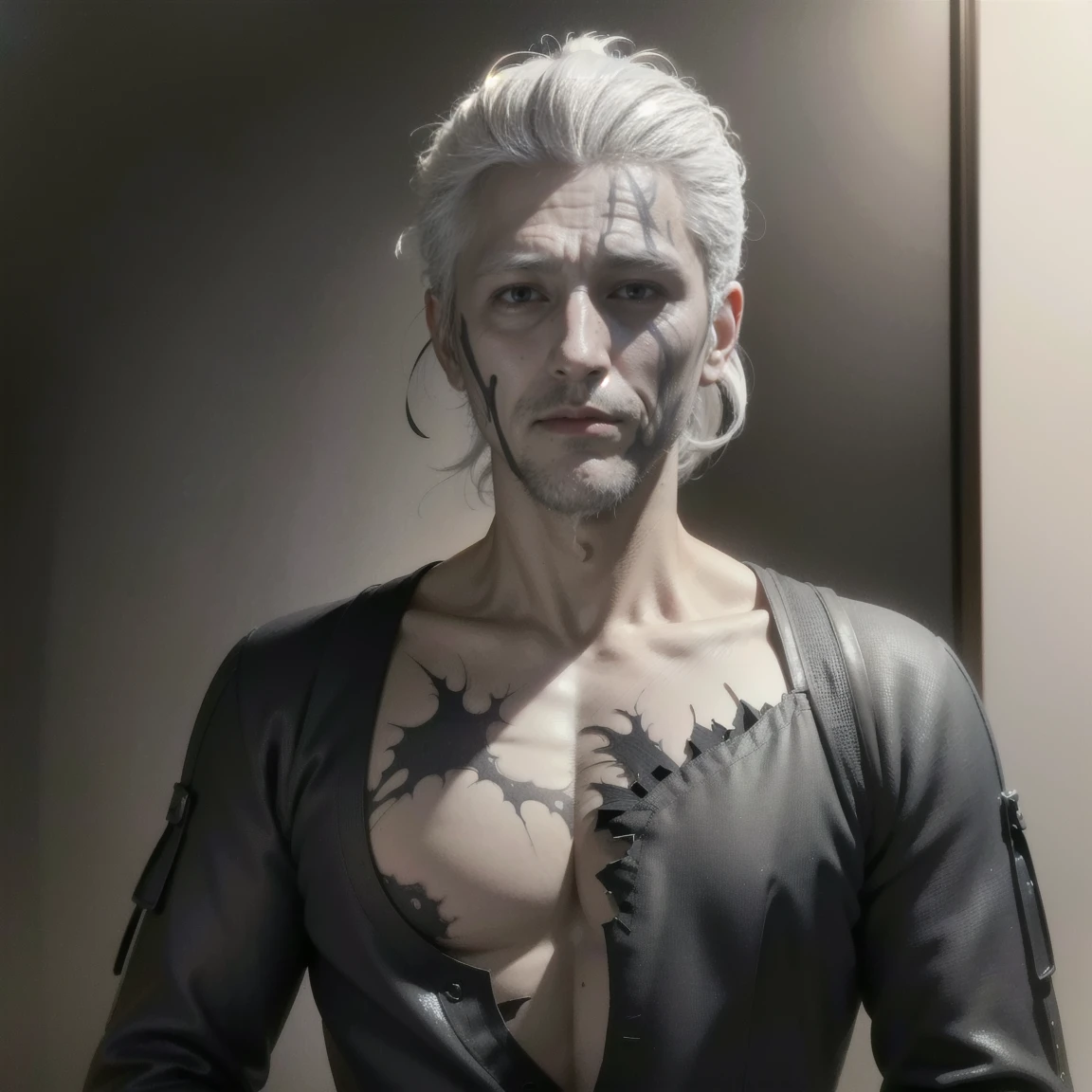 ((masterpiece, best quality, Highest image quality, high resolution, Reality, RAW photos, 8K)), ((Extremely detailed CG unified 8k wallpaper)), avatar，Front view，Medieval style，ID photo，((Cool man))，White hair，((Middle-aged greasy man))，((Scars on the face))