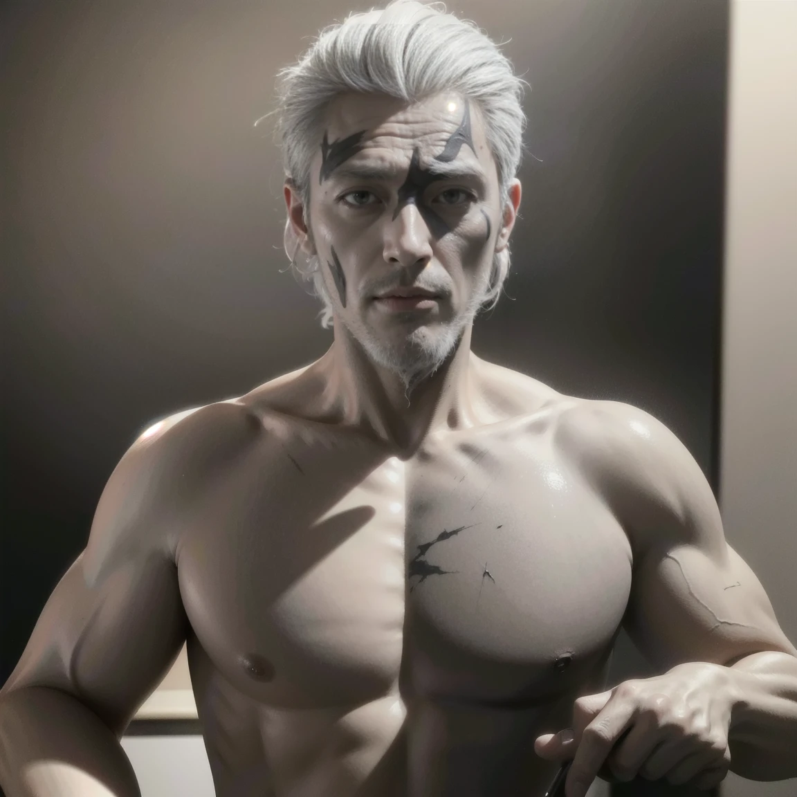 ((masterpiece, best quality, Highest image quality, high resolution, Reality, RAW photos, 8K)), ((Extremely detailed CG unified 8k wallpaper)), avatar,Front view,Medieval style,ID photo,((Cool man)),White hair,((Middle-aged greasy man)),((Scars on the face))