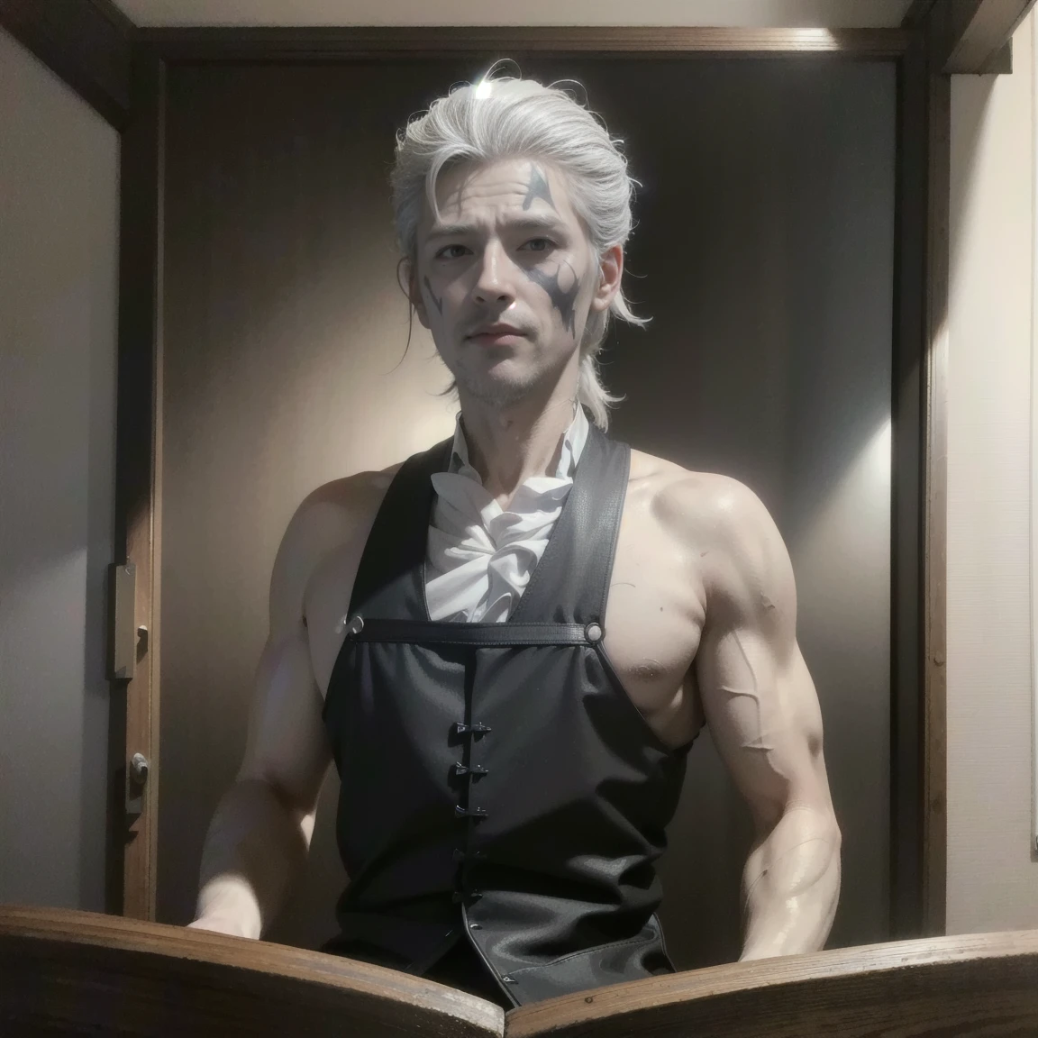((masterpiece, best quality, Highest image quality, high resolution, Reality, RAW photos, 8K)), ((Extremely detailed CG unified 8k wallpaper)), avatar,Front view,Medieval style,ID photo,((Cool man)),White hair,((Middle-aged greasy man)),((Scars on the face))