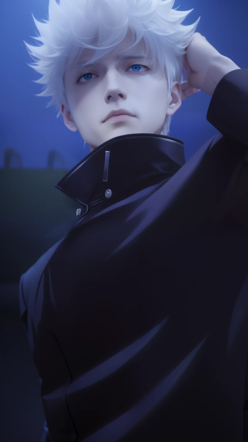 a close up of a person with a white hair and a black jacket, jujutsu kaisen, johan liebert, in the anime series ergo proxy, hijikata toushirou of gintama, today's featured anime still, screenshot from a 2012s anime, in the anime film, still from anime, anime movie screenshot, highly defined 8k realistic anime version, highly defined realistic anime version, blue eyes, black outfit, colourful lightening background.