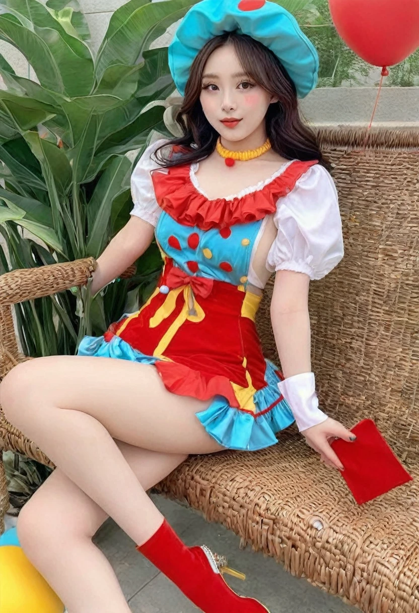 (((high quality:1.2))), Work of art, (8k), extremely detailed, ((High detail:1.2)) ((best resolution)), (Hotlexi woman), Solo, 24 year old Korean Ulzzang female, ((sexy clown outfit)),