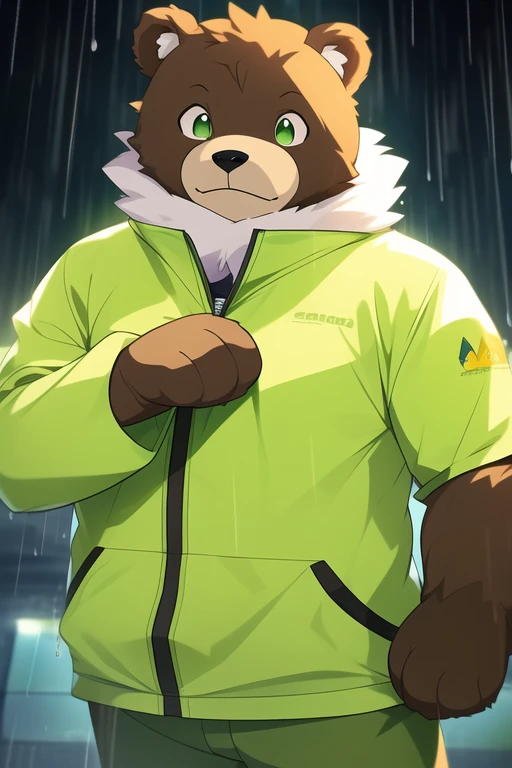 A bear, anthropomorphic, chubby, furry, rain clothes (the clothes are light green and Cris), green lighting, male FURRY anime style.Hacker Fashion Matrix Green Binary Code Cu Design Concept Art