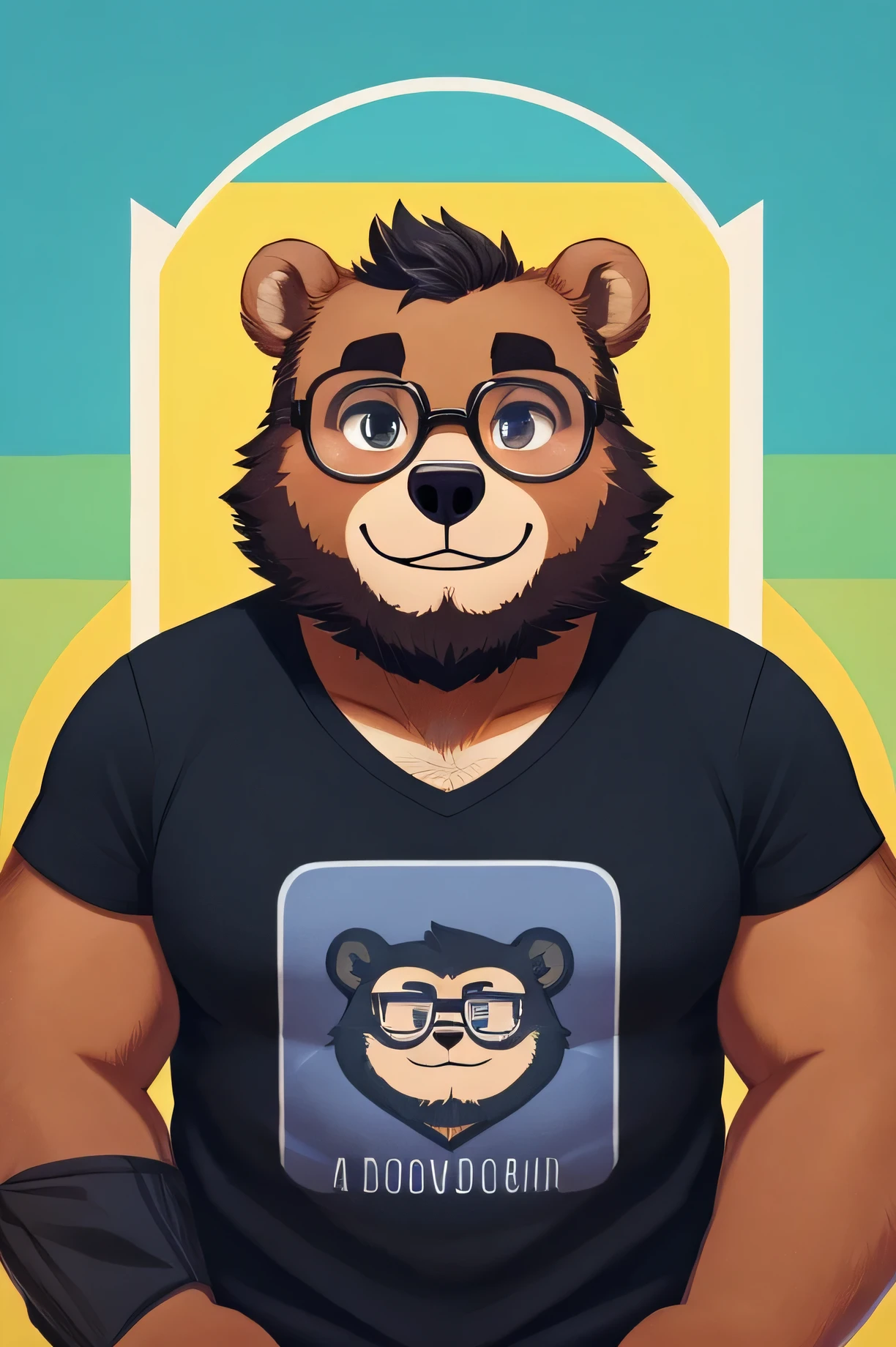 Wearing black-rimmed glasses、Bear illustration、Beard、smile、front、T-Shirts、cute