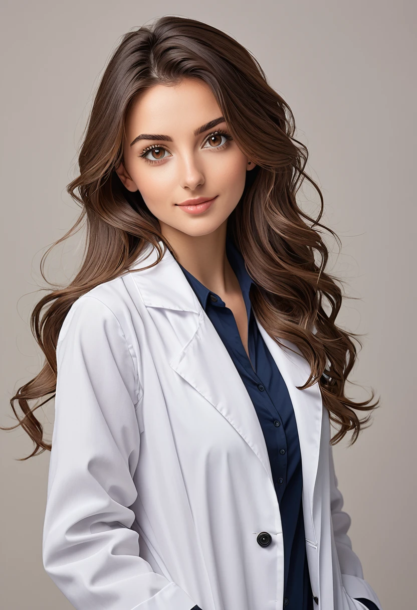 Italian girl, 25 years old, wavy brown hair, lab coat