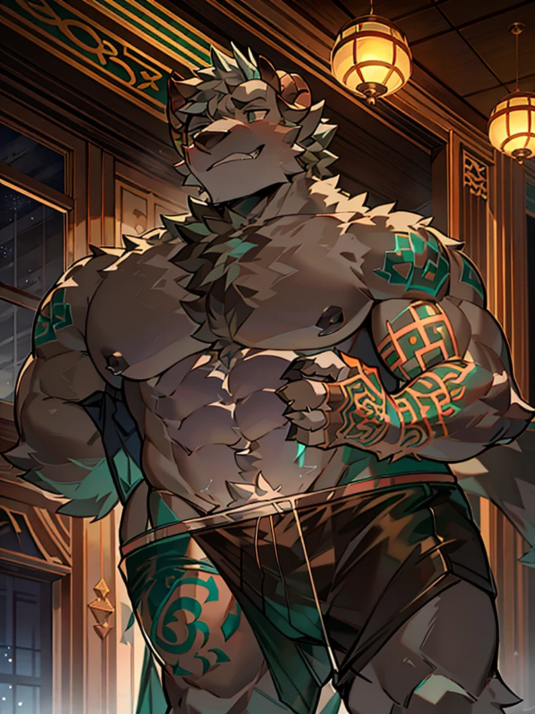 Dark Green Chinese Dragon Grandpa,Gray fur,Topless, mammal, hairy,Gray Eyes,upscale hotel,Transparent swimming trunks quality,Sheep horns,moon tattoo,elder,Chest muscles