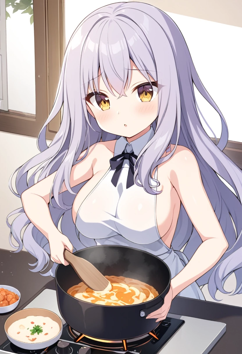 Hiiragitsumugi, Lavender Grey hair, long voluminous hair, brownish yellow eyes, , large breasts,, cooking, solo, nsfw