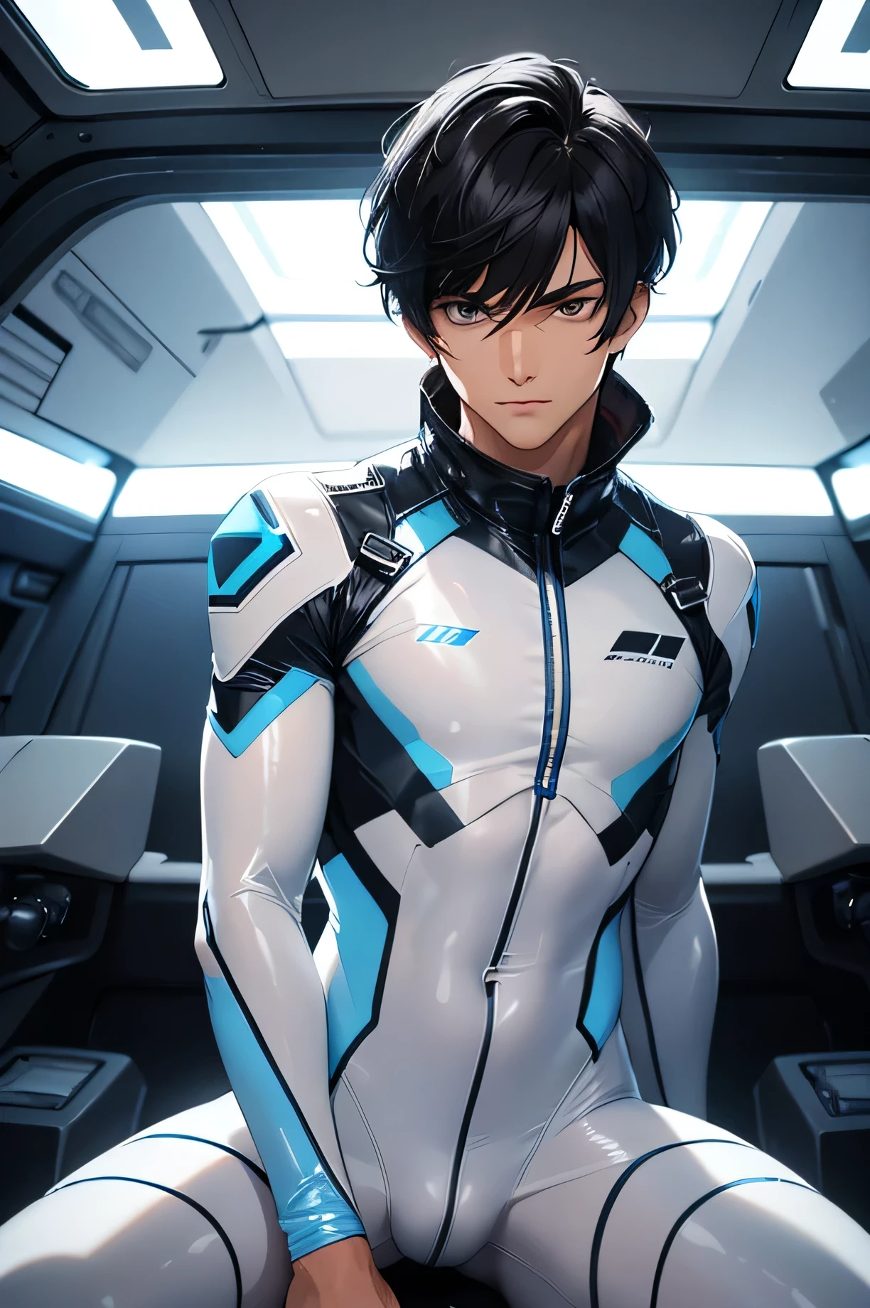 Handsome man, 28 years old　Fearless Warrior　Short cut black hair　The bangs are short too　A tight rubber suit in transparent white with a touch of blue　Very tight, white, see-through rubber suit 　 universe　future　　transparent latex suit　　　　SF　　 Sit in the cockpit　　universe　　　 whole body　　 Mega Bulge　