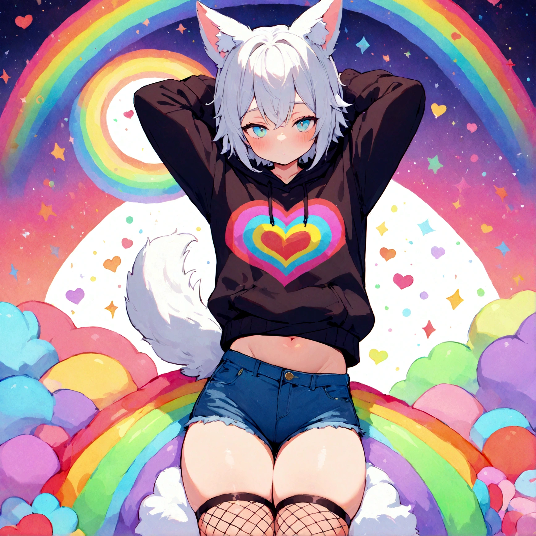 a cute adult male with wolf ears, white hair, has a wolf tail, wearing a loose cropped oversized black hoodie, wearing a pair of denim short shorts and fishnet stockings, thick thighs, wide hips, relaxing on mound of fluffy multi colored kawaii plushies, short, very slim, showing slender tummy, stretching out, heart on hoodie, squishy thighs, has glowing blue eyes. alone, solo (ALONE)(SOLO), surrounded by rainbows, colorful galaxy backround