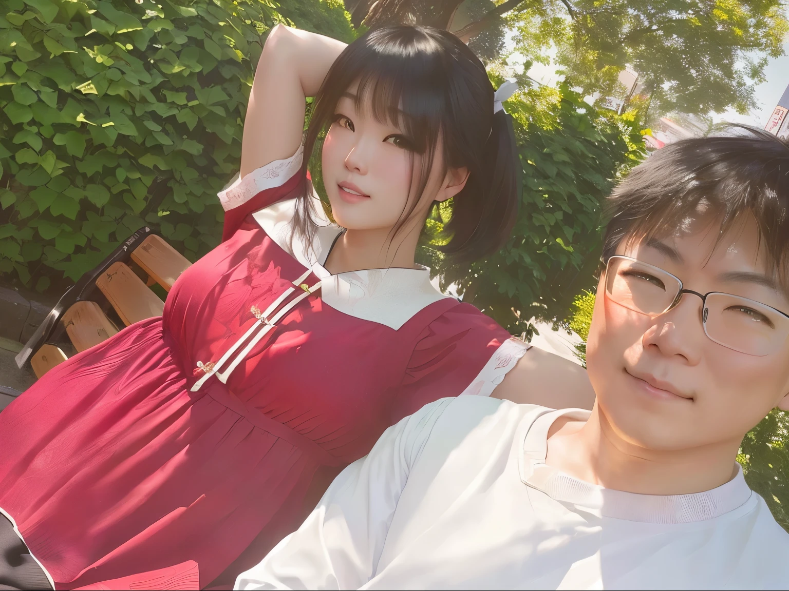 They posed for photos sitting on a park bench, ruan jia and fenghua zhong, Shot with Sony Alpha 9, Very very low quality image, Nixon and Sakimchan, User Photos, Shot with Canon 80D, Sakimchan and Frank Franzetta, guweiz, Wear Japanese style