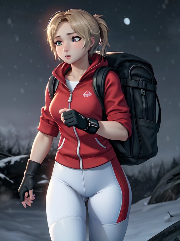 ((Best quality)), ((Masterpiece)), (detailed), (4K quality), (Detailed face:1.2), (Detailed eyes:1.2), (Perfect figure:1.2), 1girl, UDSam, solo, short hair, blonde hair, (Wearing: Red jacket, white leggings, fingerless gloves, snow boots and backpack), dark, gloomy dramatic, spooky lighting with lot of fog, foggy and snowing weather snowy, blizzard, in a forest, night time with huge white moon, upper body shot
