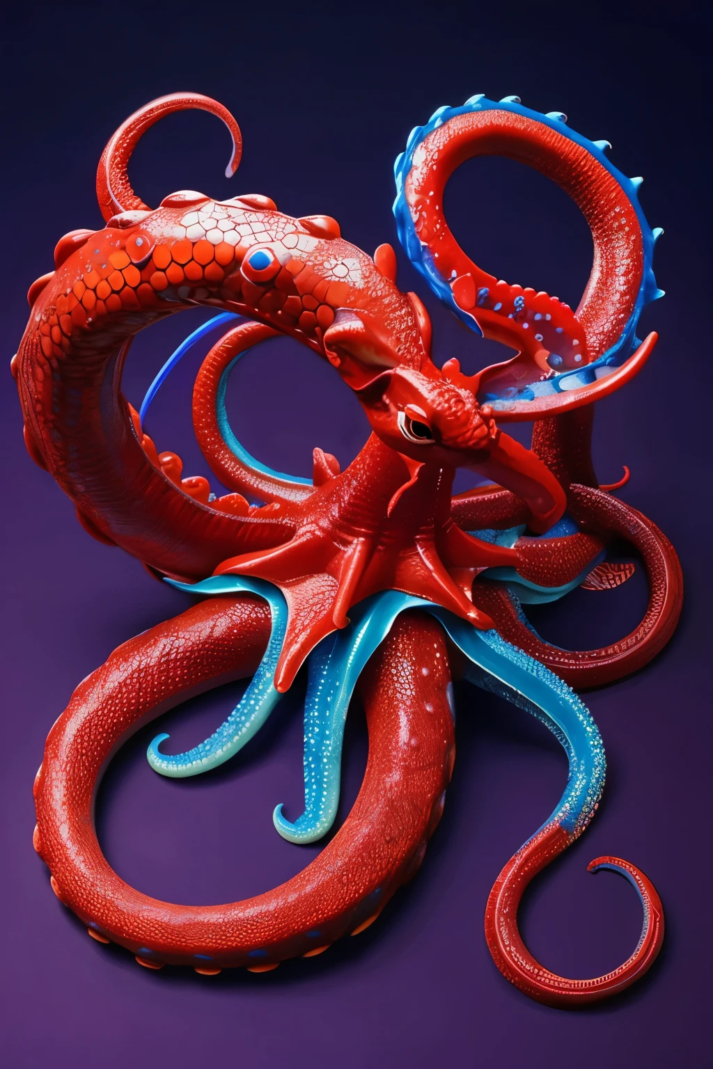 Giant dragon like octopus with red and blue scales with a slime covered ovipositor for a tail