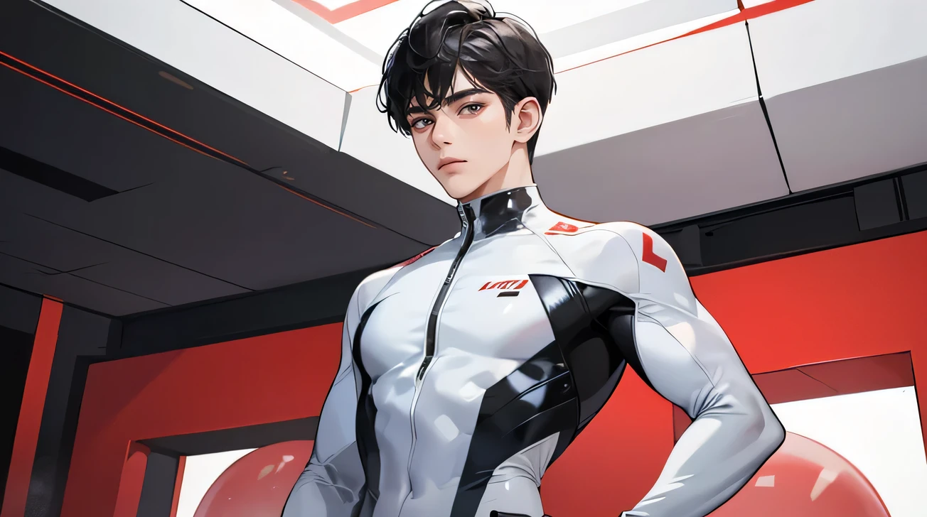 Handsome man 18 years old Fearless Warrior Short cut black hair The bangs are short too Transparent white very tight rubber suit A very tight, white, see-through rubber suit with red lines universe future Sheer tight latex suit SF universe whole body Mega Bulge Mars looking at the camera