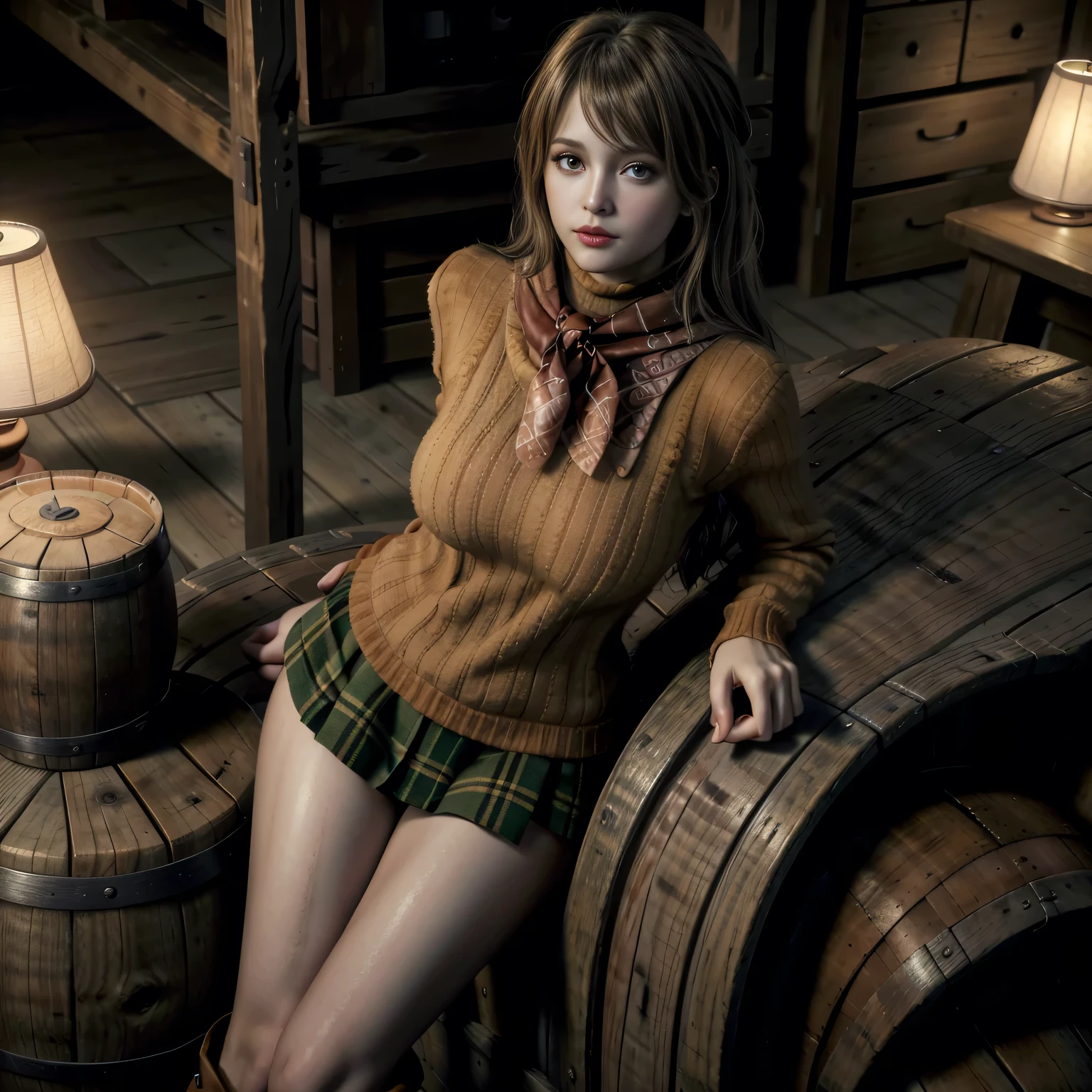 Beautiful face, masterpiece, high quality, high resolution, realistic, perfect lighting, extra detailed face, AshleyGrahamRE, 20 years old, beautiful countenance, perfect face shape, perfect body, extremely detailed eyes and face, stunning eyes, orange jacket, red scarf, green plaid skirt, orange turtleneck knit, ((black tights)), long boots, good hips and long legs, (Look at the spectators), standing next to a wooden barrel with a hand resting on it, moody ambient lighting