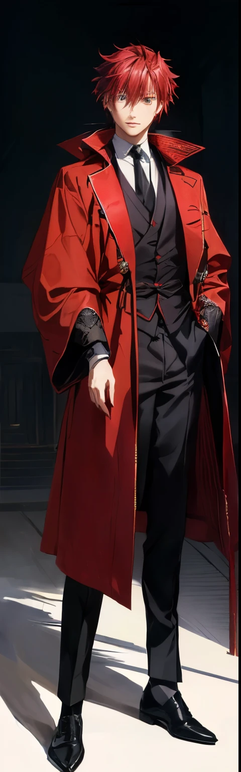 Masterpiece, Best Quality, Ultra-Detailed, 1man, 26 years old, red hair, ginger hair, green eyes, emerald eyes, pale skin, a close up of a person in a purple coat and tie, ((wearing aristocrat robe)), inspired by Munakata Shikō, okata kazuto, hijikata toushirou, sebastian michaelis, hajime yatate, ( ( wearing a long coat ) ), full body black and red longcoat