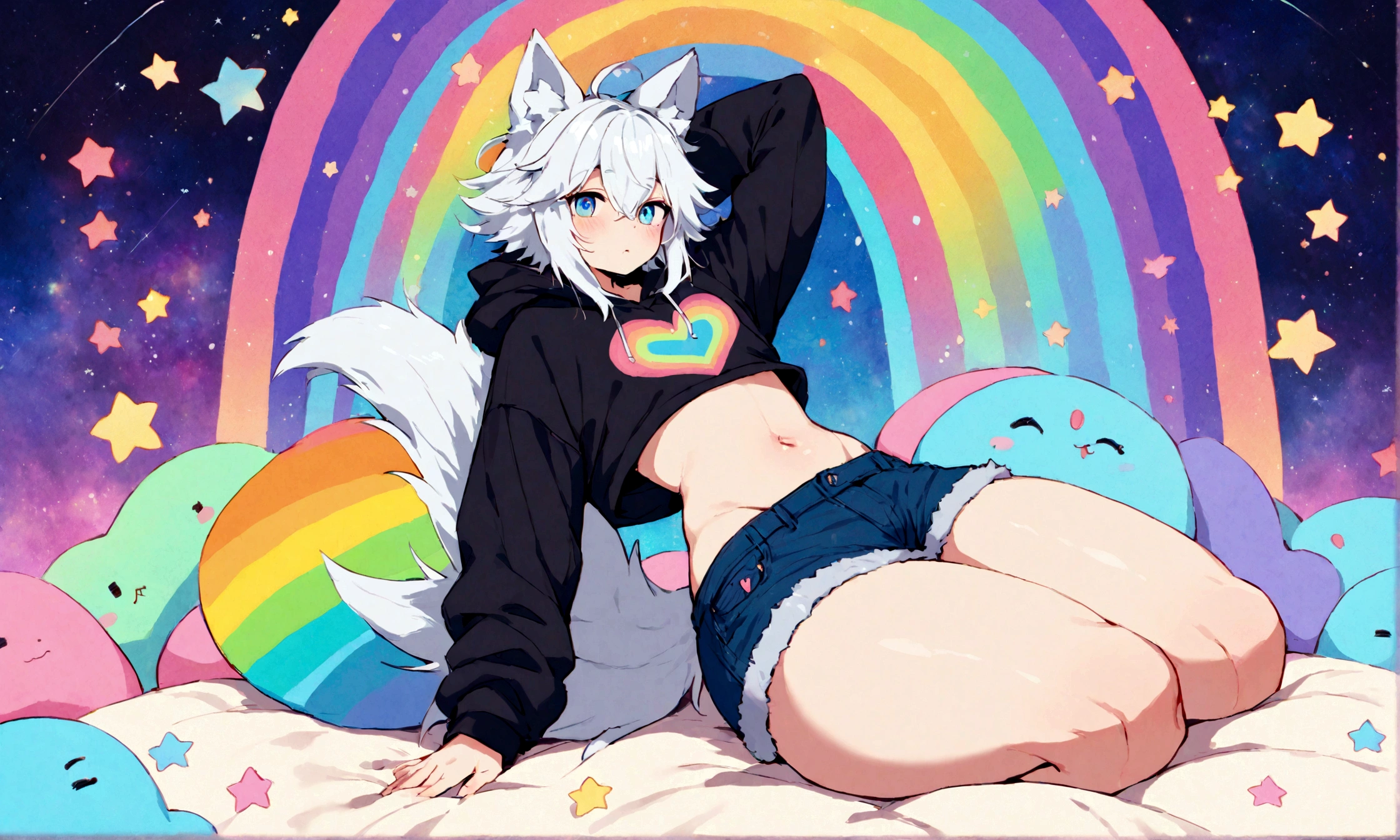 a cute adult male with wolf ears, white hair, has a wolf tail, wearing a loose cropped oversized black hoodie, wearing a pair of denim short shorts and fishnet stockings, thick thighs, wide hips, relaxing on mound of fluffy multi colored kawaii plushies, short, very slim, showing slender tummy, stretching out, heart on hoodie, squishy thighs, has glowing blue eyes. alone, solo (ALONE)(SOLO), surrounded by rainbows, colorful galaxy backround