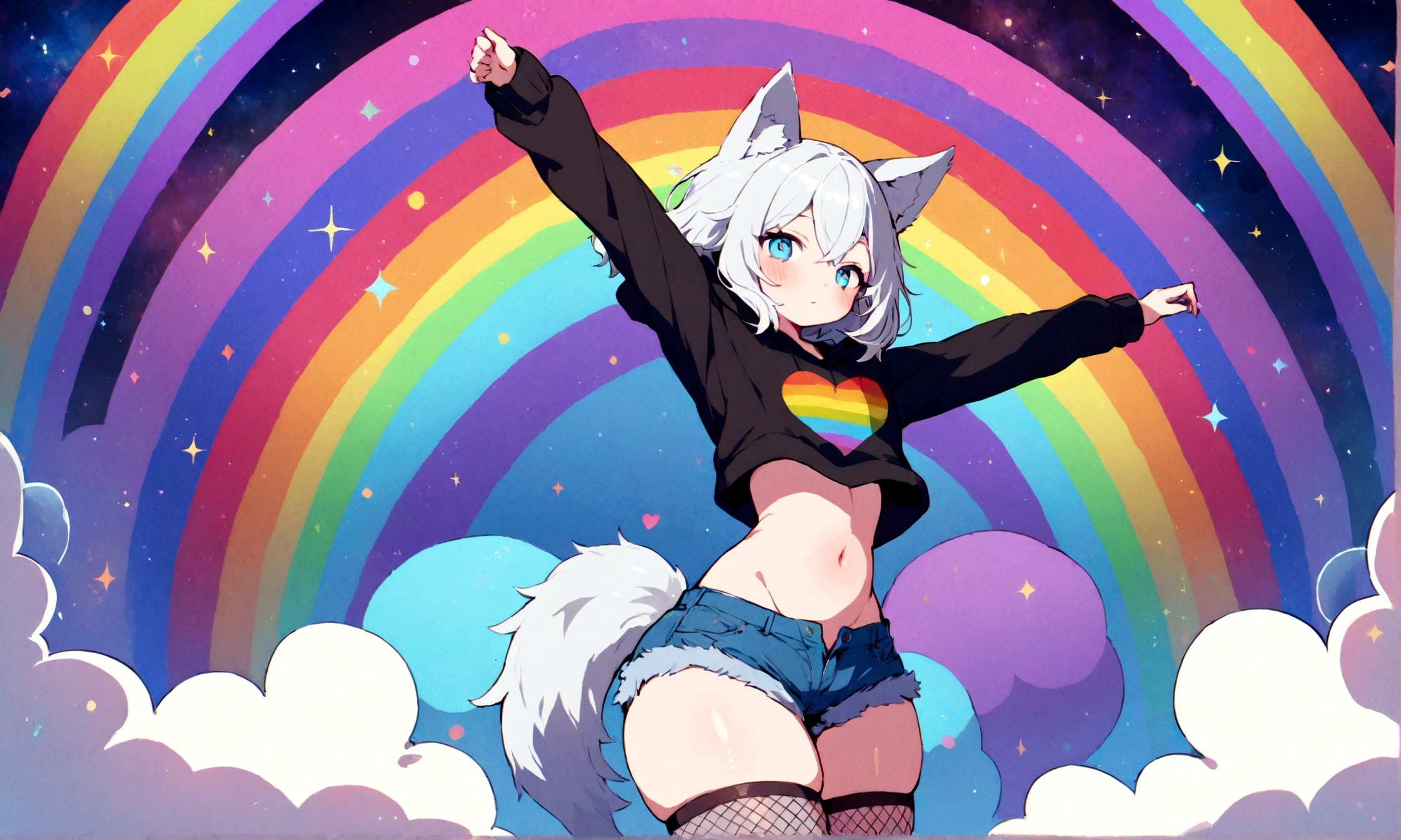a cute adult male with wolf ears, white hair, has a wolf tail, wearing a loose cropped oversized black hoodie, wearing a pair of denim short shorts and fishnet stockings, thick thighs, wide hips, relaxing on mound of fluffy multi colored kawaii plushies, short, very slim, showing slender tummy, stretching out, heart on hoodie, squishy thighs, has glowing blue eyes. alone, solo (ALONE)(SOLO), surrounded by rainbows, colorful galaxy backround