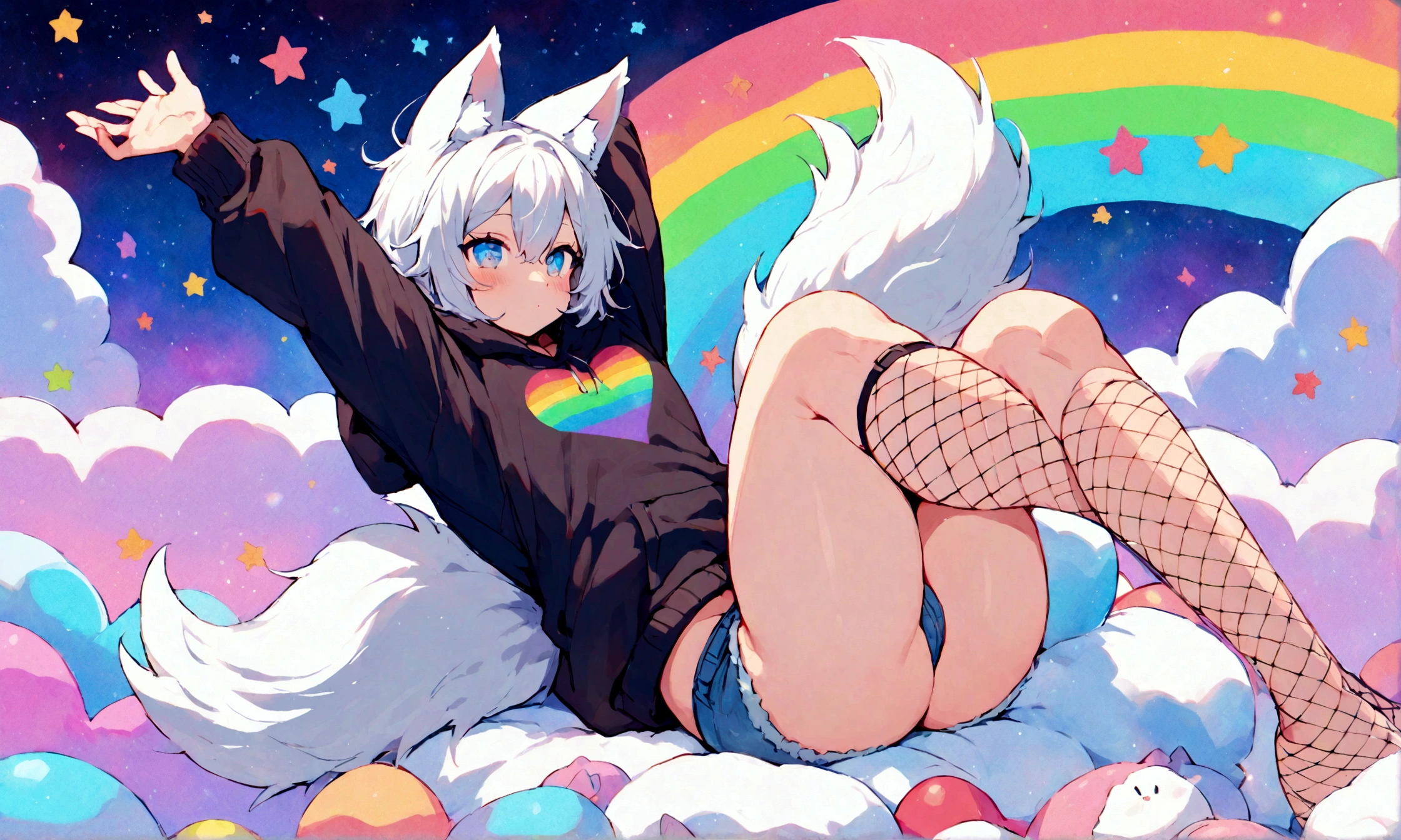 a cute adult male with wolf ears, white hair, has a wolf tail, wearing a loose cropped oversized black hoodie, wearing a pair of denim short shorts and fishnet stockings, thick thighs, wide hips, relaxing on mound of fluffy multi colored kawaii plushies, short, very slim, showing slender tummy, stretching out, heart on hoodie, squishy thighs, has glowing blue eyes. alone, solo (ALONE)(SOLO), surrounded by rainbows, colorful galaxy backround